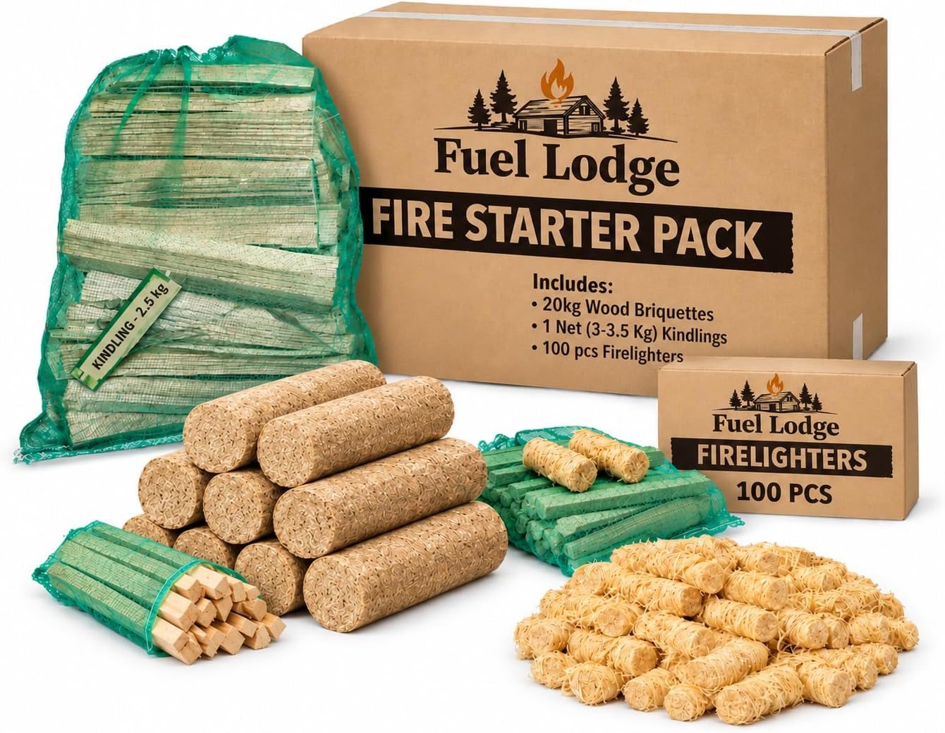 Fuel Lodge fire starter pack with heat logs, kindling and firelighters
