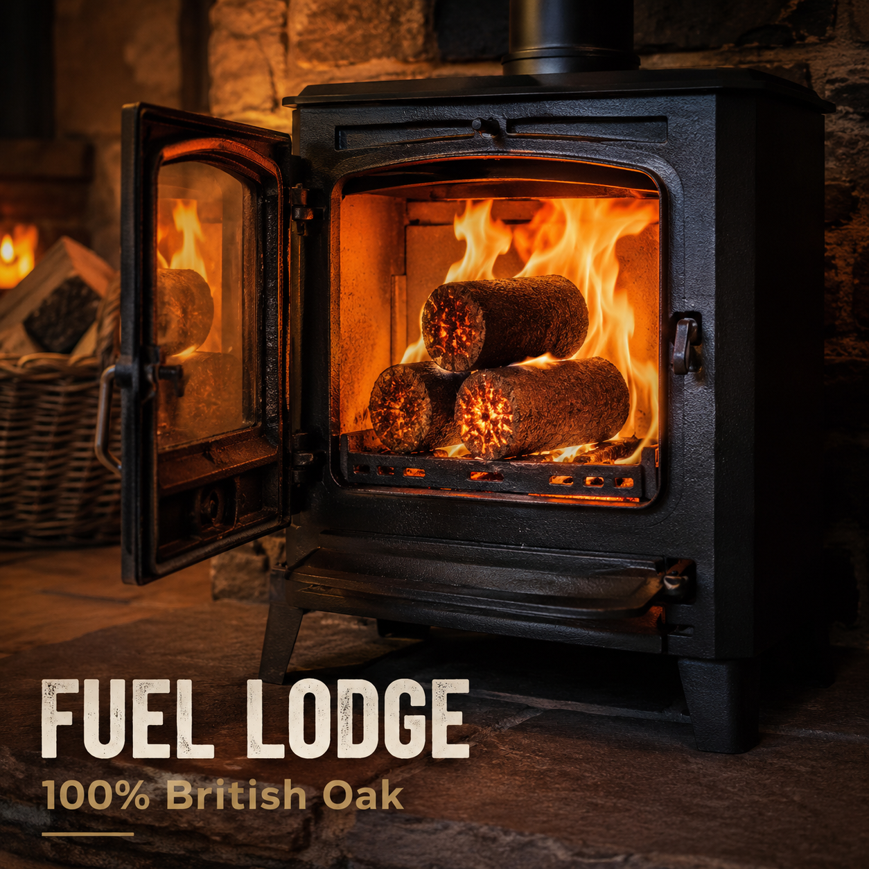 Wood burning stove with open door showing flames and logs, branded 'Fuel Lodge' british oak wood.