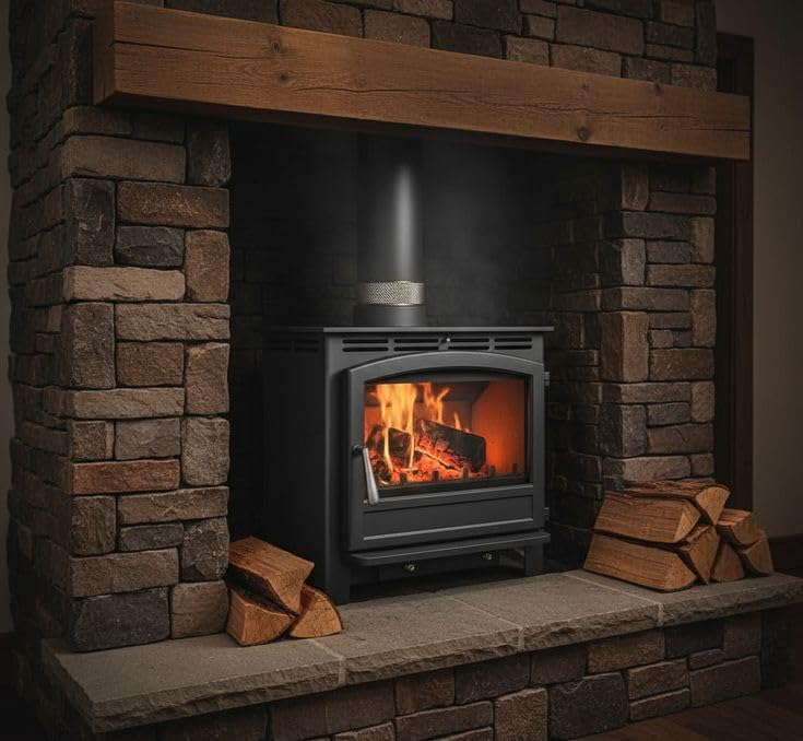 Stone fireplace with a lit fire and stacked logs on a stone hearth.