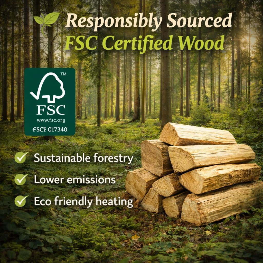 FSC certified wood logs with a forest background