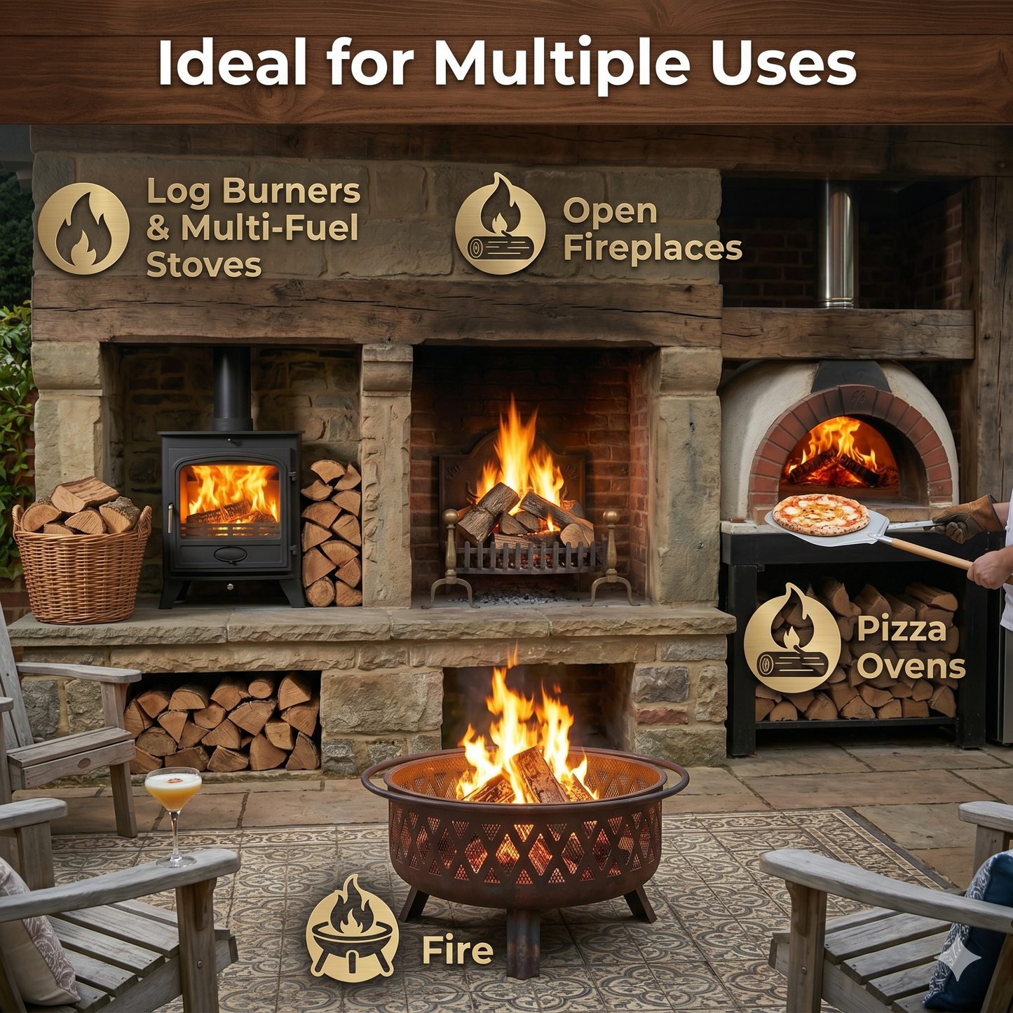 Outdoor setting with fireplaces, pizza ovens, and a fire pit, labeled for multiple uses.