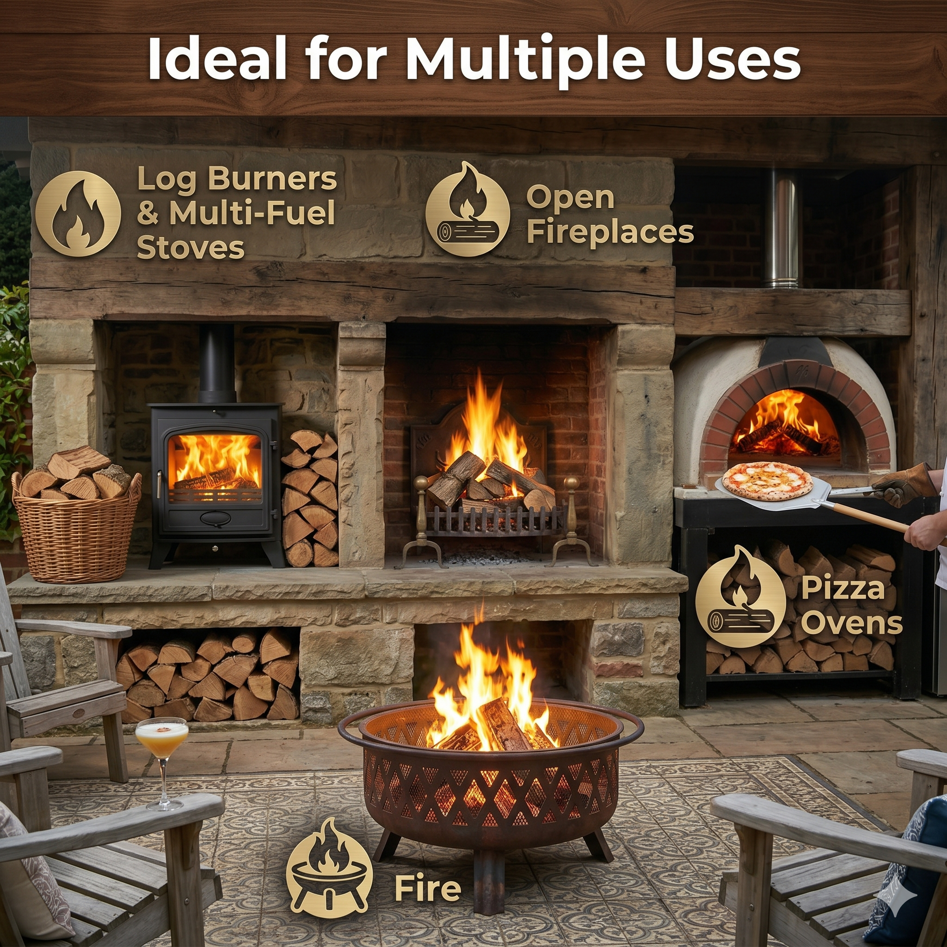 Outdoor setting with fireplaces, pizza ovens, and a fire pit, labeled for multiple uses.