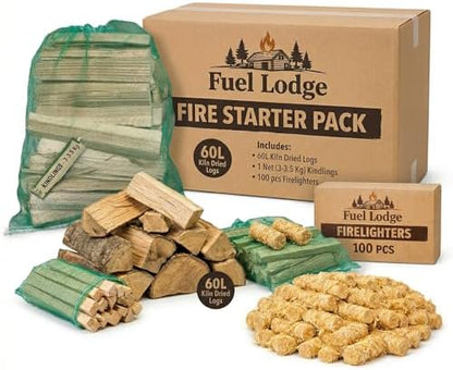 Fuel Lodge Fire Starter Pack with 60L of kiln dried logs, a net of kindling and 100 firelighters