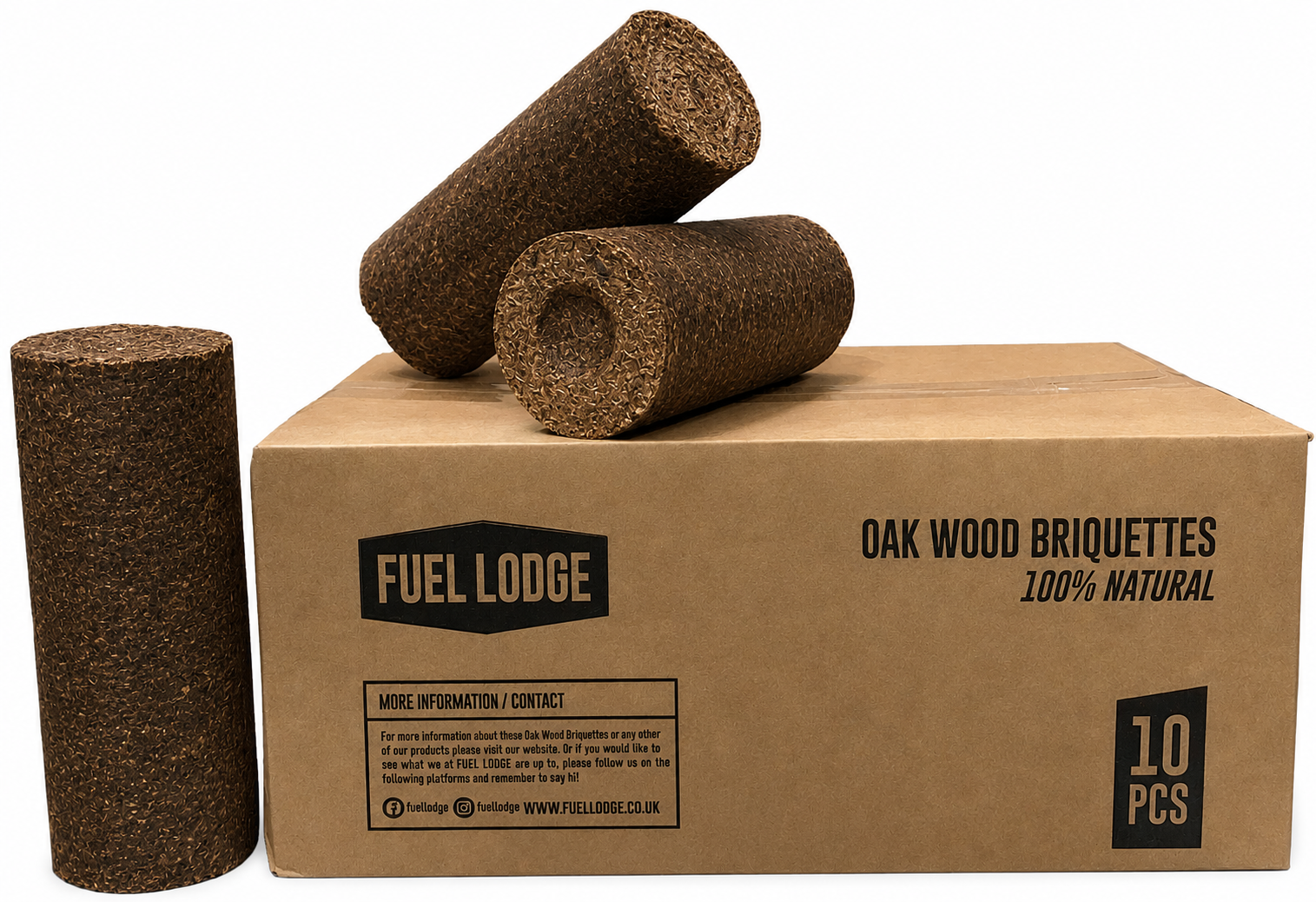 Box of Oak Wood Briquettes with three briquettes on top, branded as Fuel Lodge.