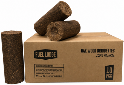 Box of Oak Wood Briquettes with three briquettes on top, branded as Fuel Lodge.