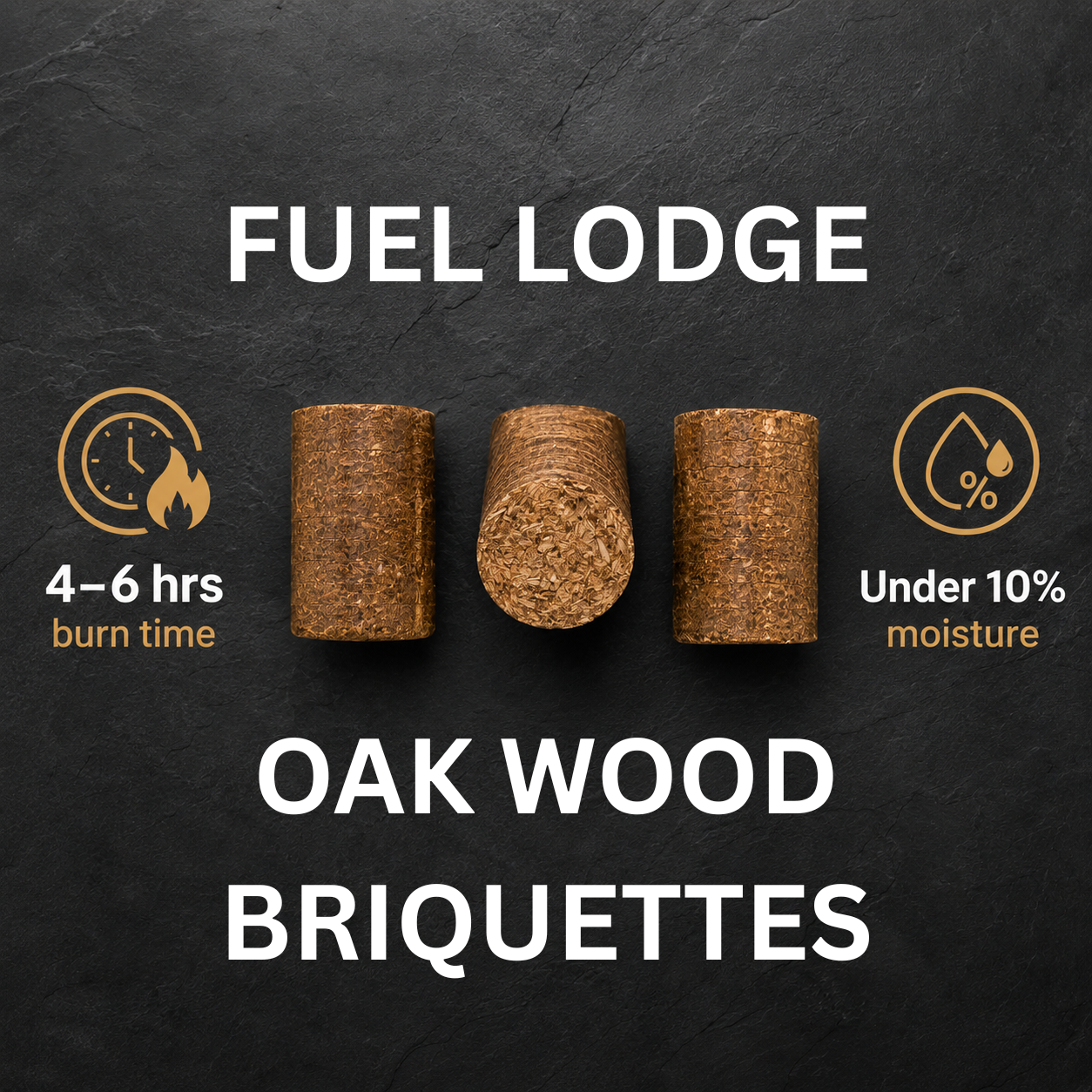 Fuel Lodge Oak Wood Briquettes with burn time and moisture content information on a dark background