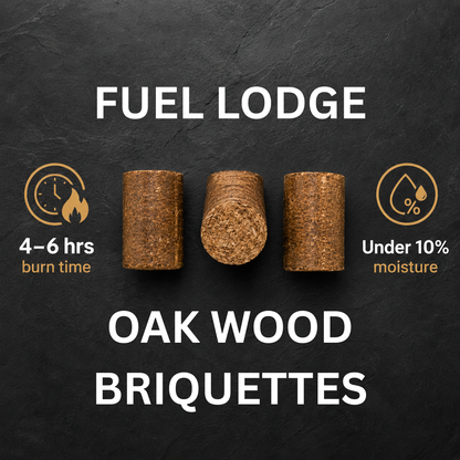 Fuel Lodge Oak Wood Briquettes with burn time and moisture content information on a dark background